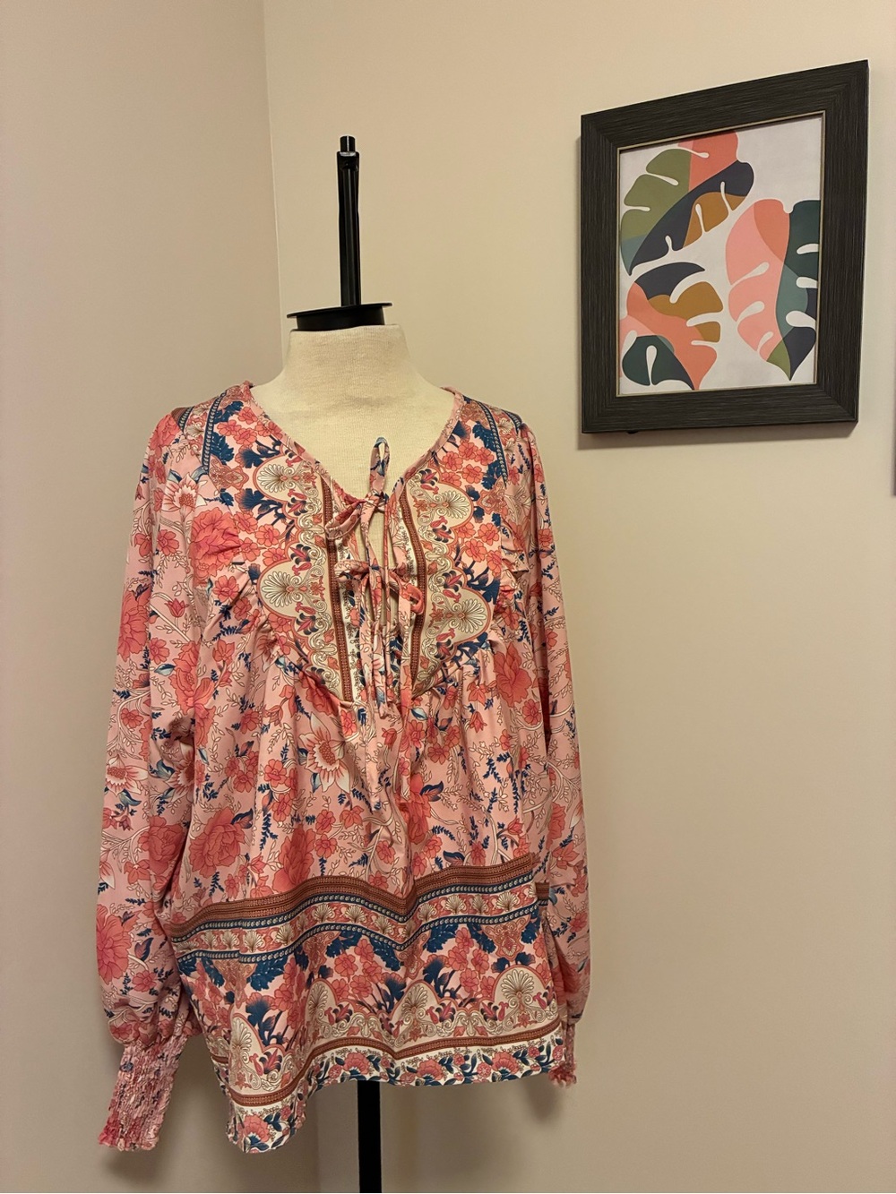 Boho Floral Tie-Front Peasant Top - Pink